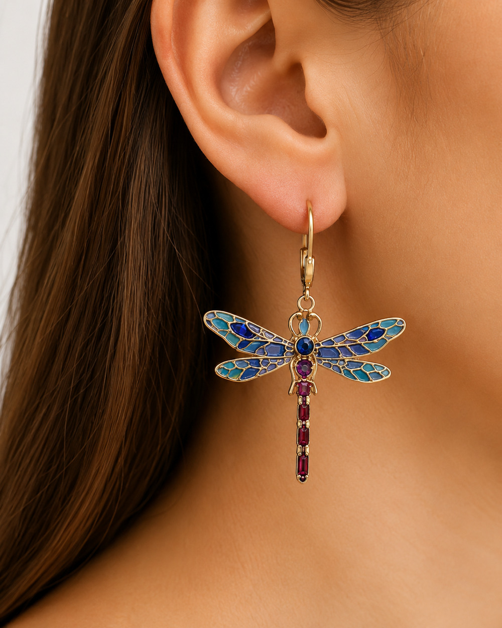 Stauer Dragonfly Nouvelle Enamel Rhinestone Earrings NWT Art Nouveau Fairycore
